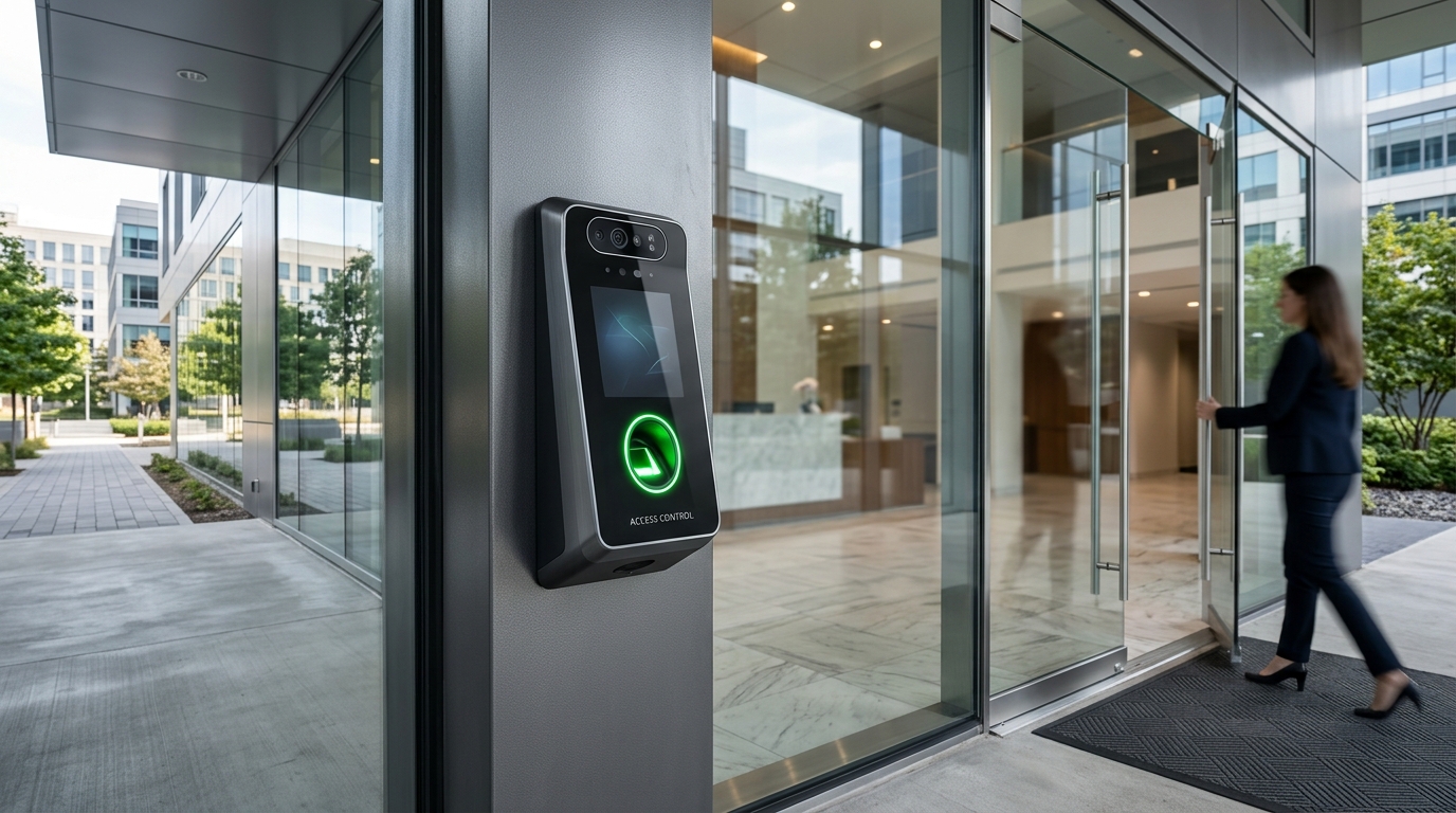 Biometric access control turnstiles and facial recognition terminals in commercial building
