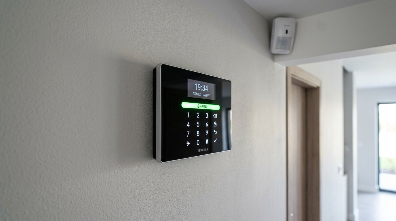 Burglar alarm control panel and motion sensor in residential property