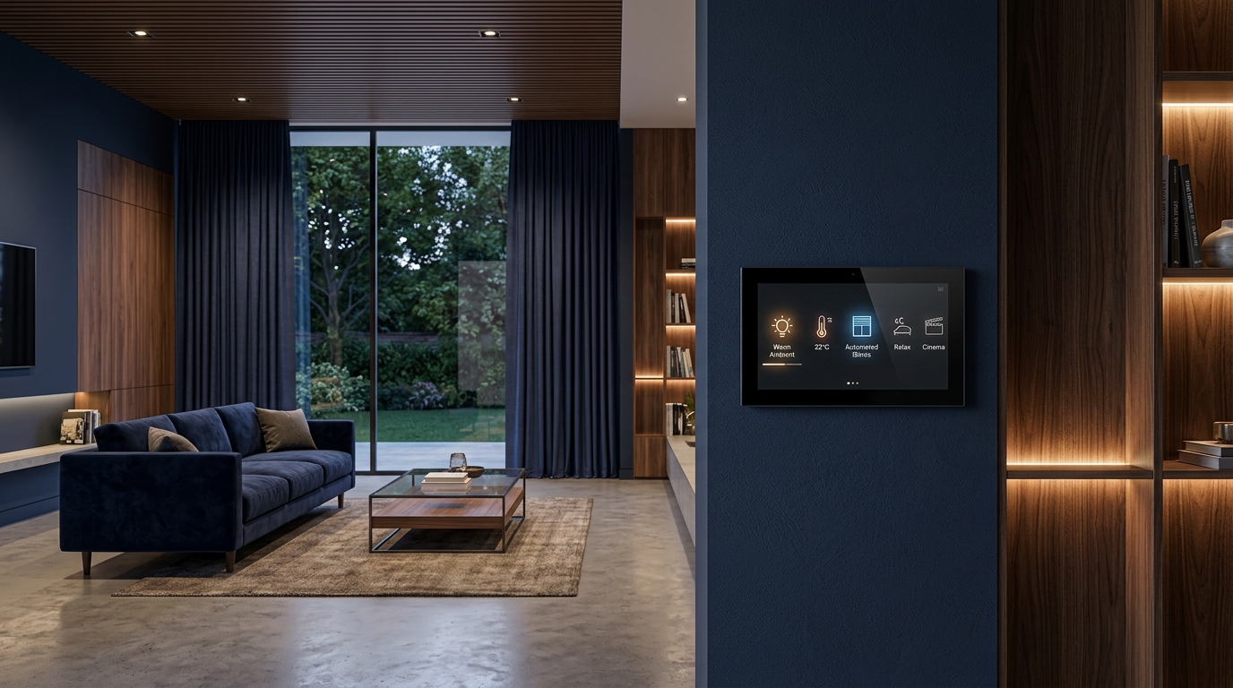 Smart home touch control panel integrated in living room wall