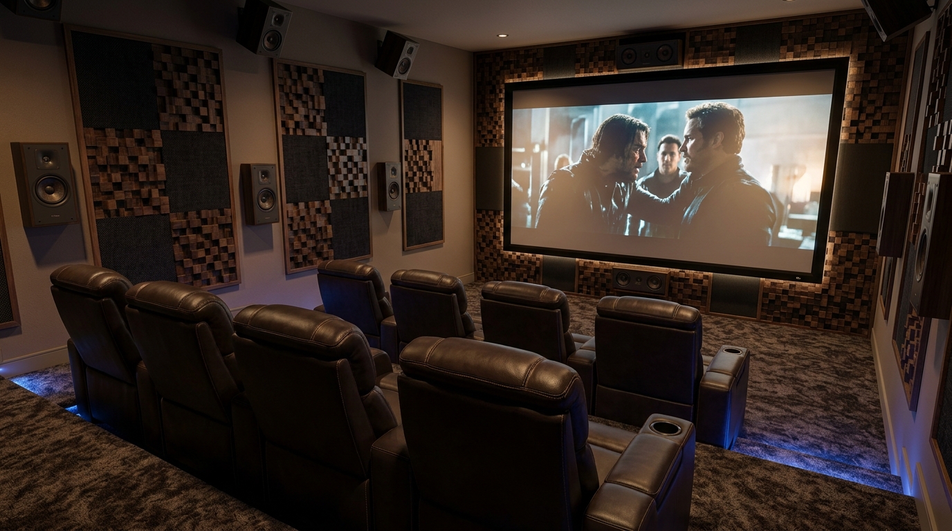 Dedicated home theatre room with cinematic screen and acoustic wall panels
